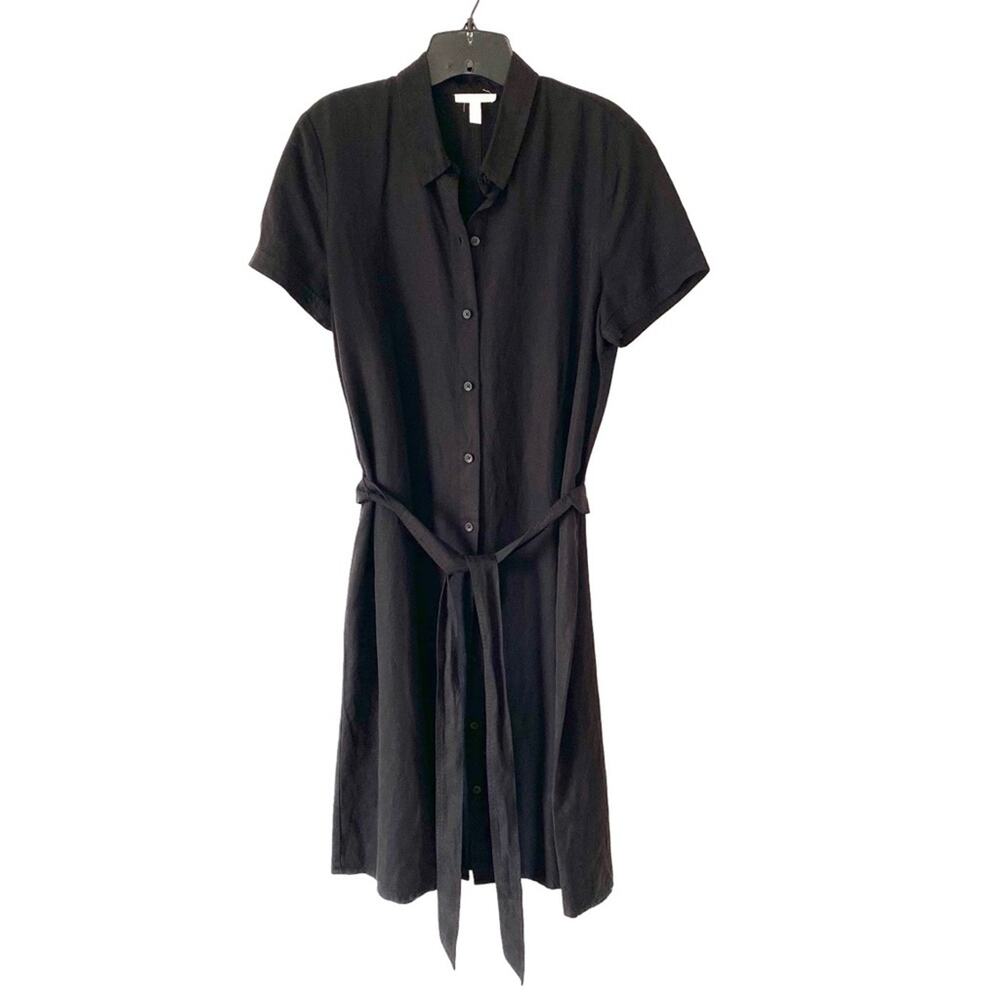 Eileen Fisher Tencel Black Classic Black Button-Up Dress Belted size medium